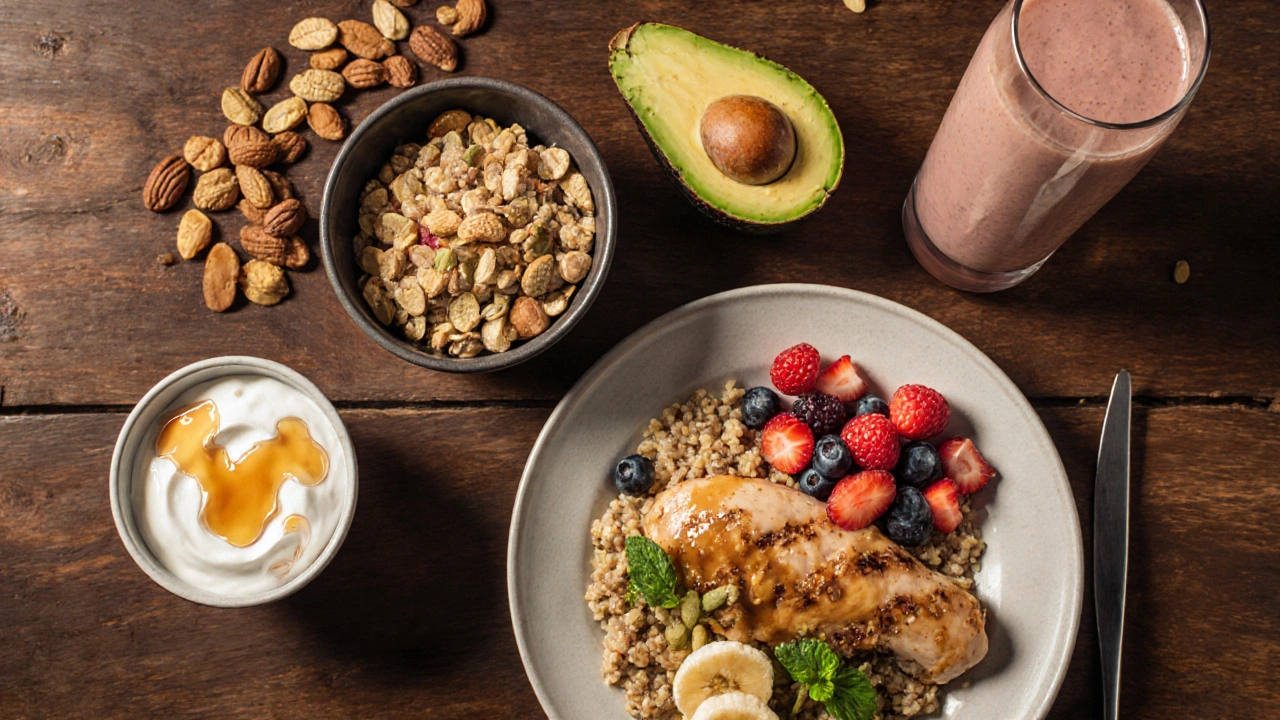 Masa výživně bohatých potravin – ořechy, avokádo, ovesné vločky, jogurt a proteinový smoothie.