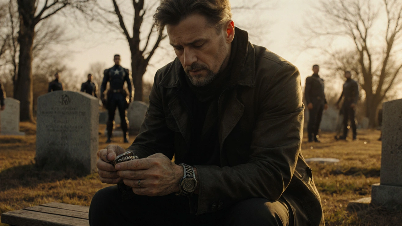 Clint Barton drží kovový náramek v ruce, sedí u hrobu v záři odpoledního slunce.