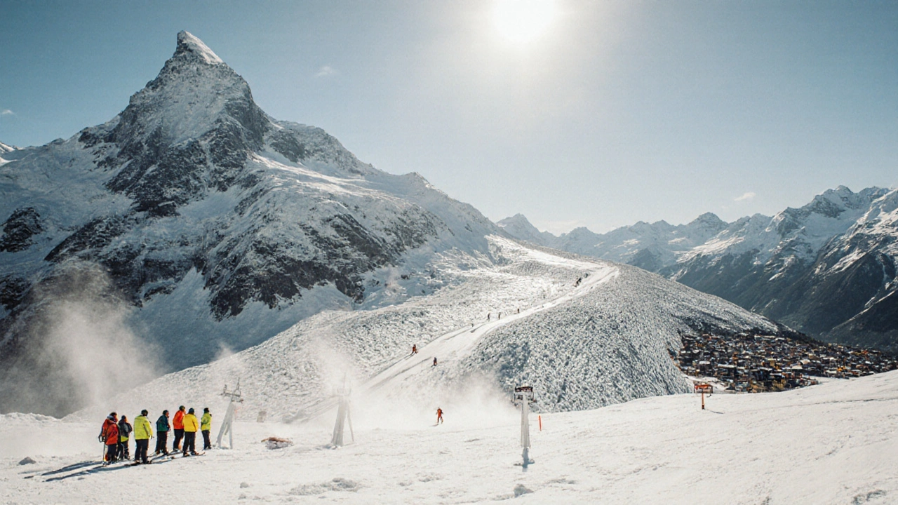 Lyžaři sjíždějí 10km sjezdovku z ledovce Kitzsteinhorn v Kaprunu.