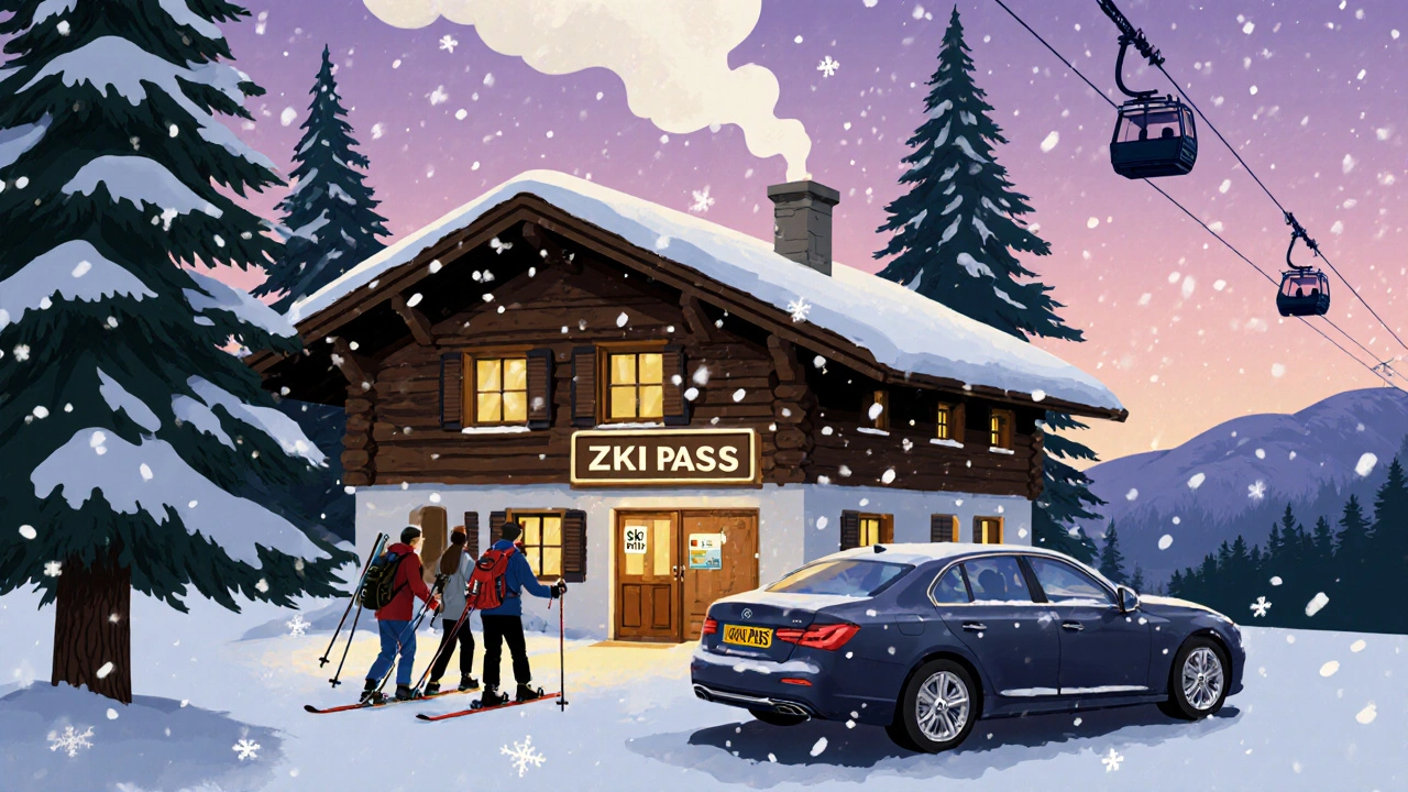 Rakouský chatový dům v Zell am See ve večerním světle s lyžaři a lanovkou na pozadí.