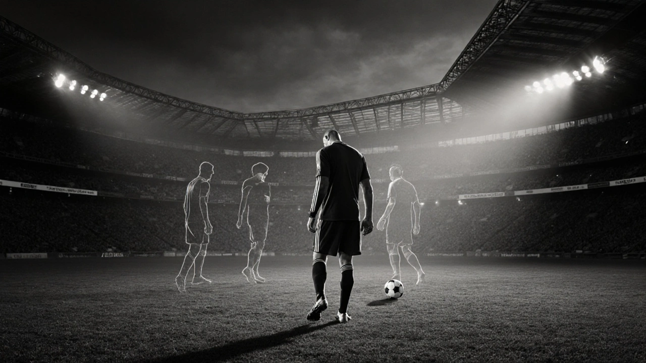 Zinedine Zidane odchází z prázdného stadionu po červené kartě, jen míč se kotrmelí za ním.