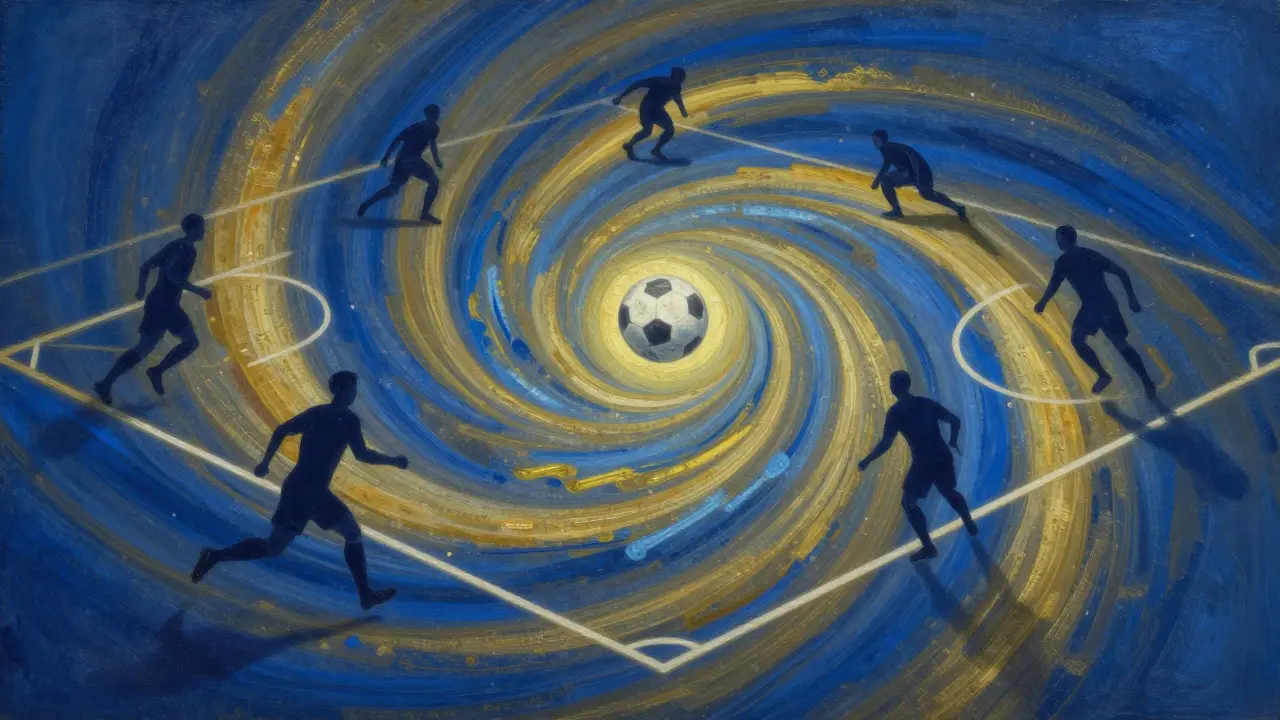 Abstraktní představa myšlenek fotbalisty během kopu rohu s plánovanými pohyby hráčů.