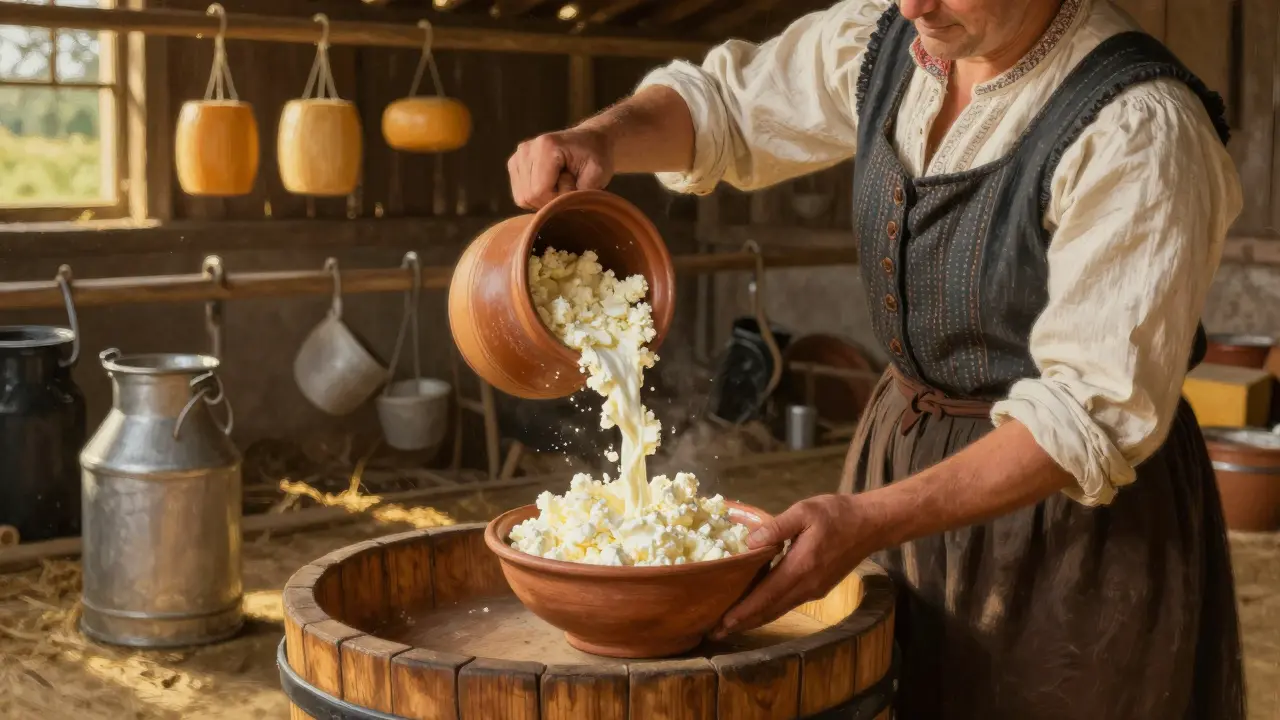 Český farmář nalévá čerstvý tvaroh z dřevěného sudu do hliněné mísy
