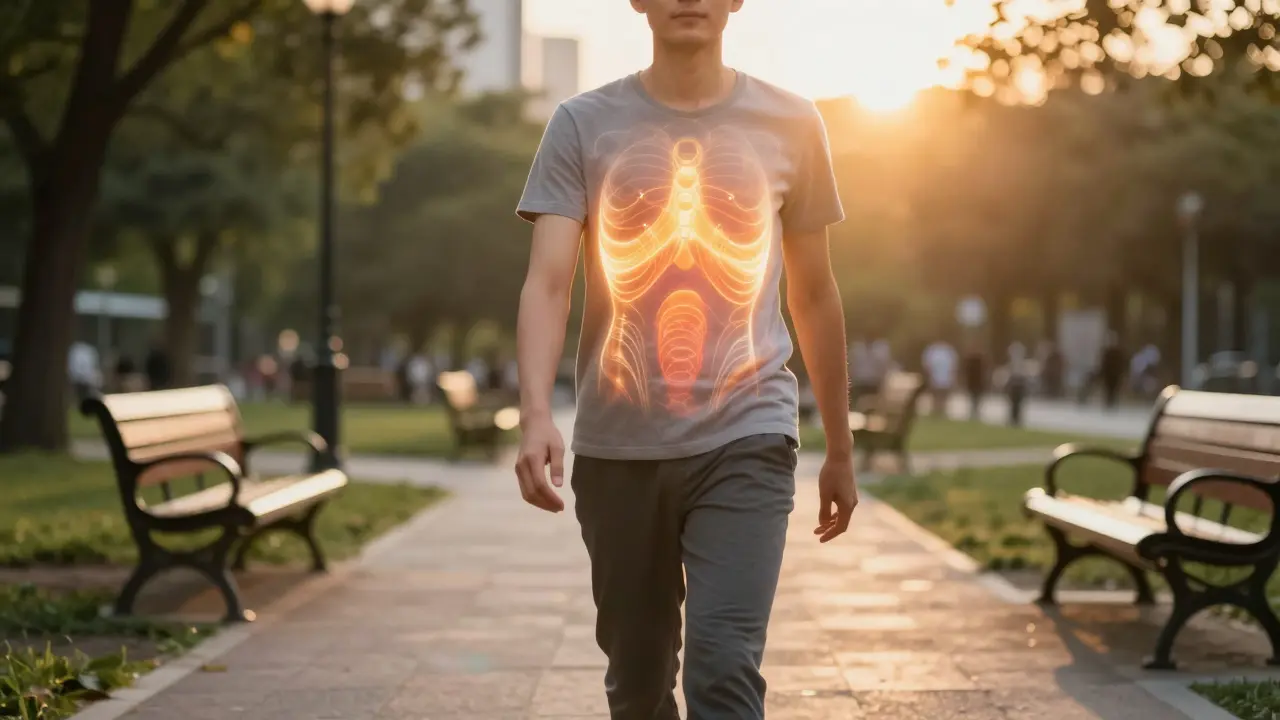Člověk prochází v parku za západu slunce, s vize metabolismu jako zářící teplo kolem těla.