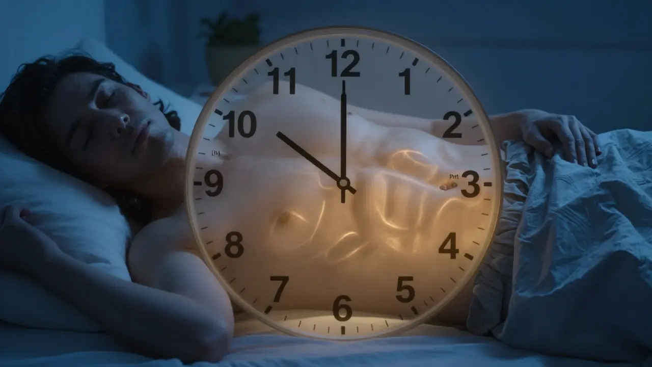 Hodiny symbolizující denní rutinu pro růst svalů: spánek, výživa a odpočinek.