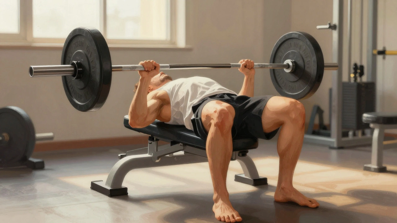 Osoba dělá hip thrust na lavičce s tyčí na břiše, gluteus maximus napnutý na vrcholu pohybu.