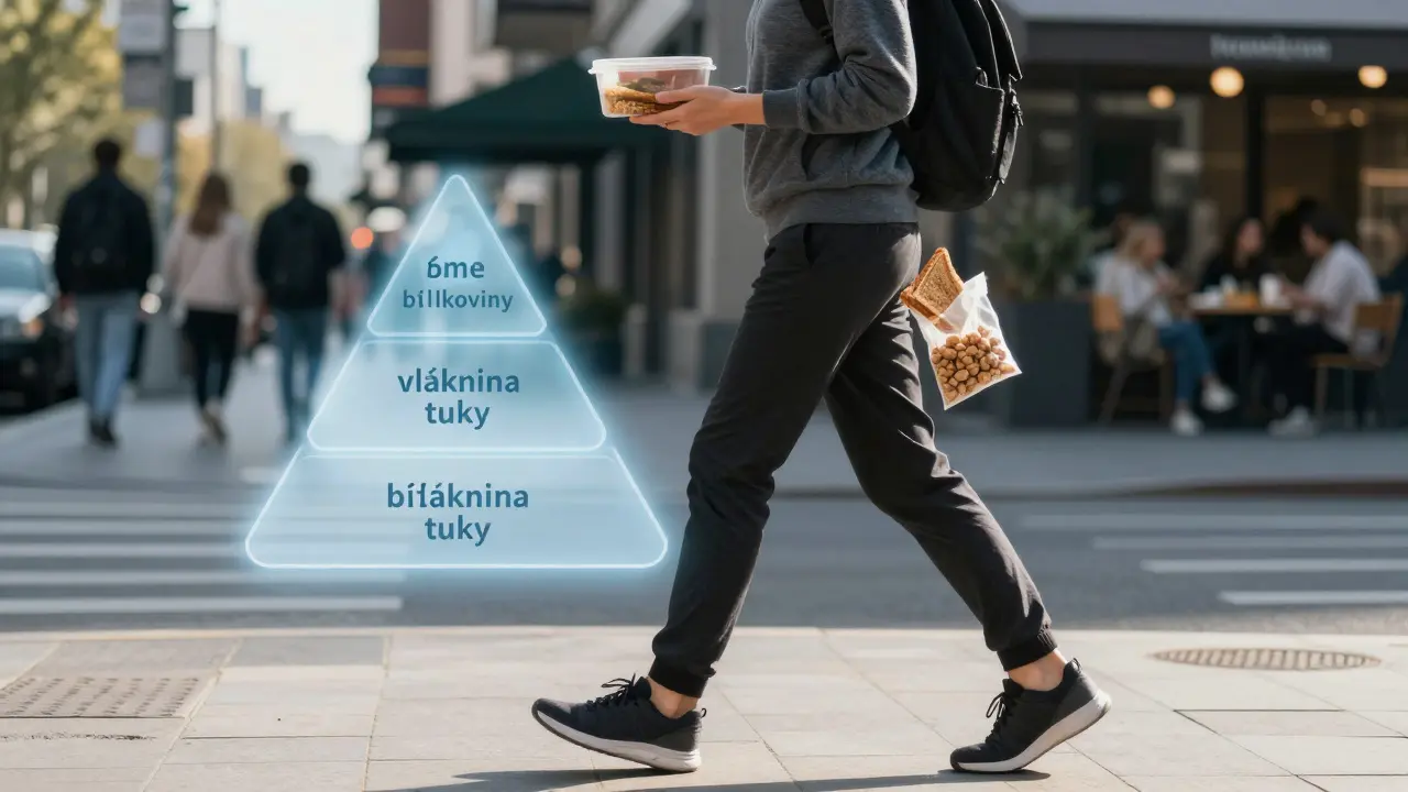 Osoba jde po ulici s zdravou snídaní v nádobě, nad ní průhledný pyramidový diagram živin.