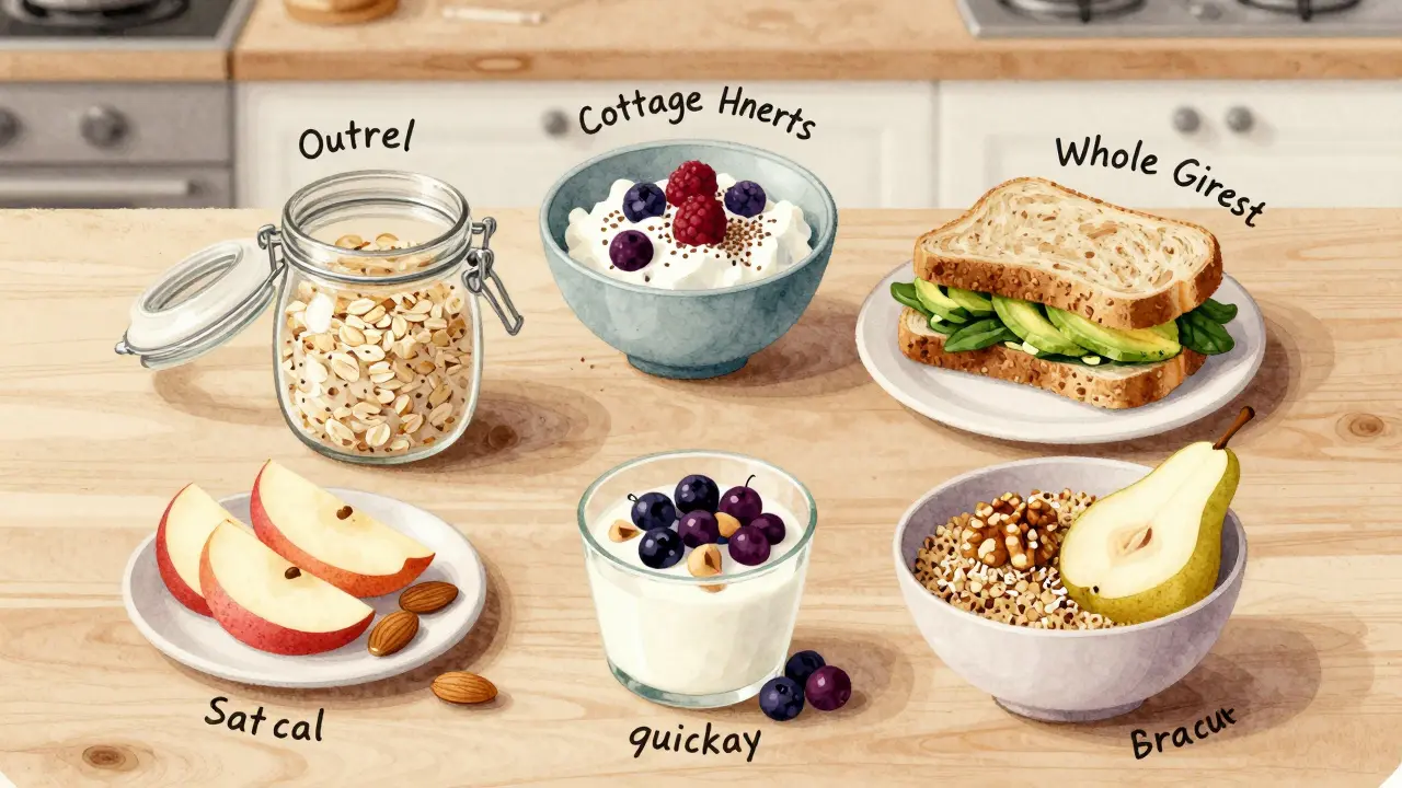 Pět rychlých zdravých snídaní v kruhové kompozici: ovesná kaše, tvaroh, sendvič, jogurt a quinoa.