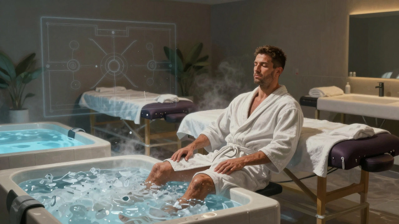 Profesionální fotbalista se obnovuje v terapeutickém prostředí s kryoterapií a masáží.