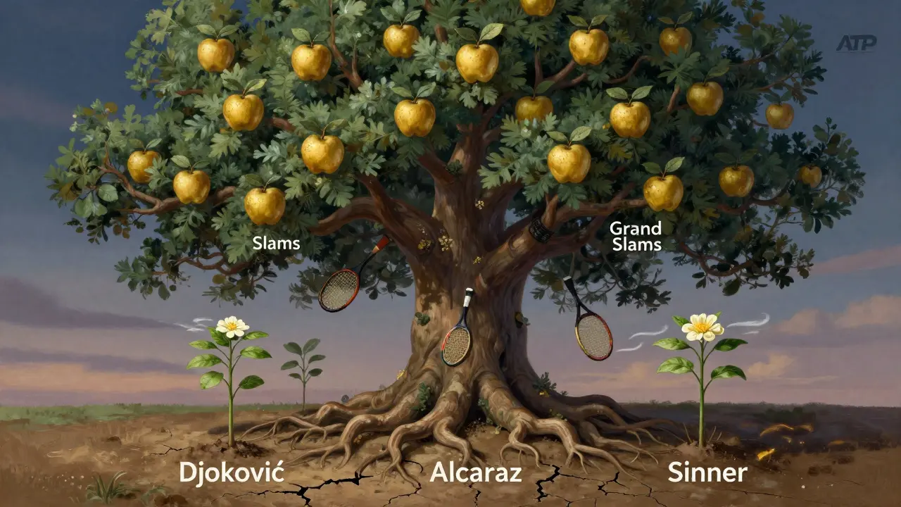 Strom s 23 zlatými jablky jako Grand Slam tituly, pod ním tři mladé stromky tenistů.