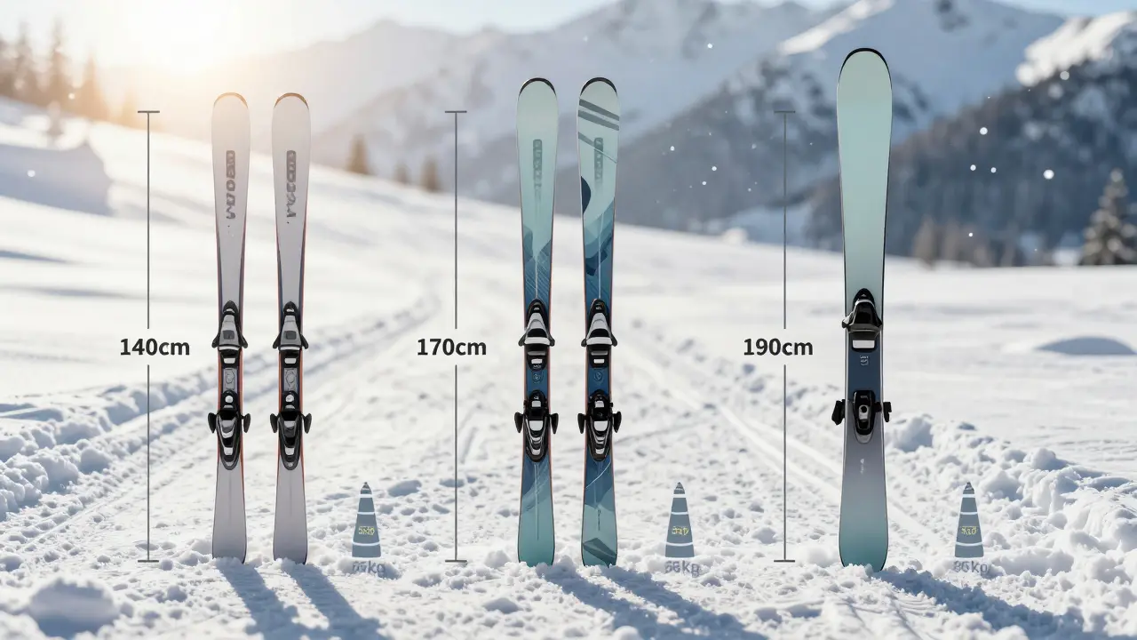 Tři typy lyží na sněhu s označenými výškami a hmotnostmi: carving, all-mountain a freeride.