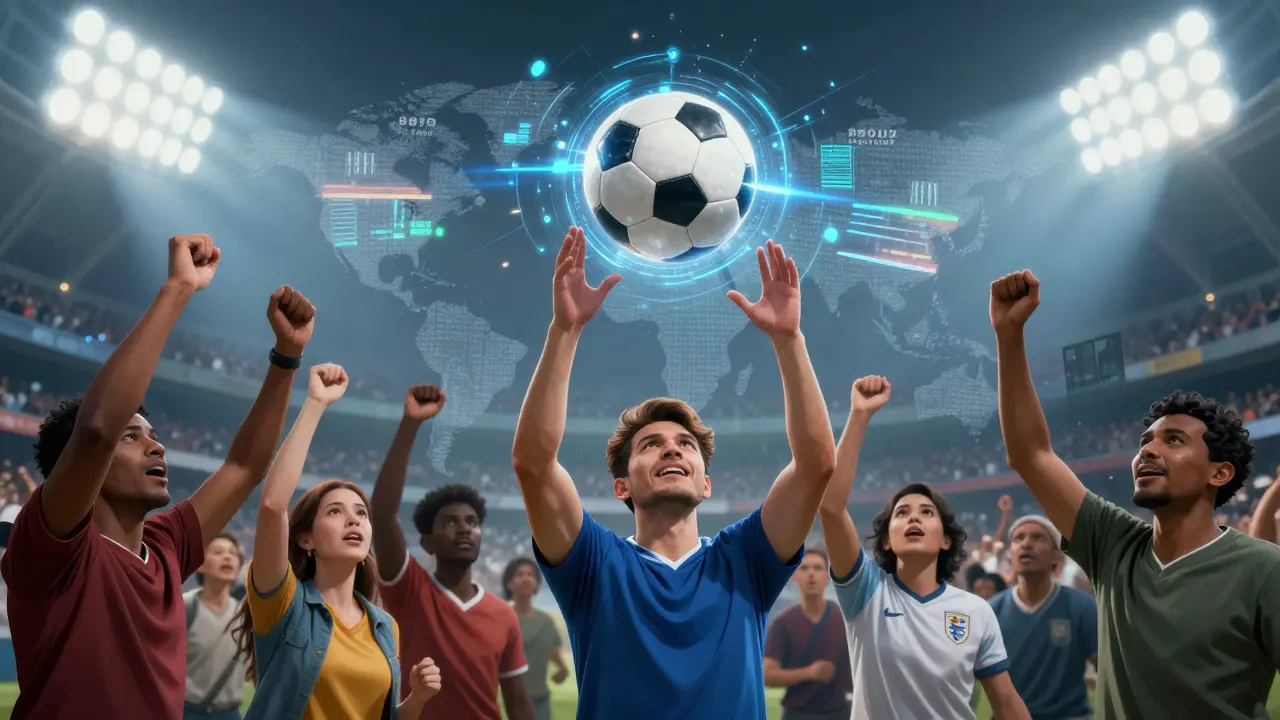 Dnesější fanoušci z celého světa oslavují fotbal pod osvětleným stadionem s inteligentním míčem.