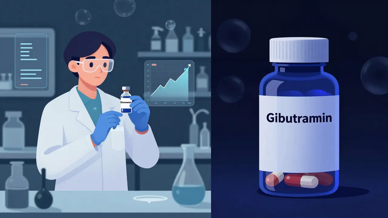 Laboratorní scéna s vědcem analyzujícím prášek glukomannan a skryté léky pod UV světlem.