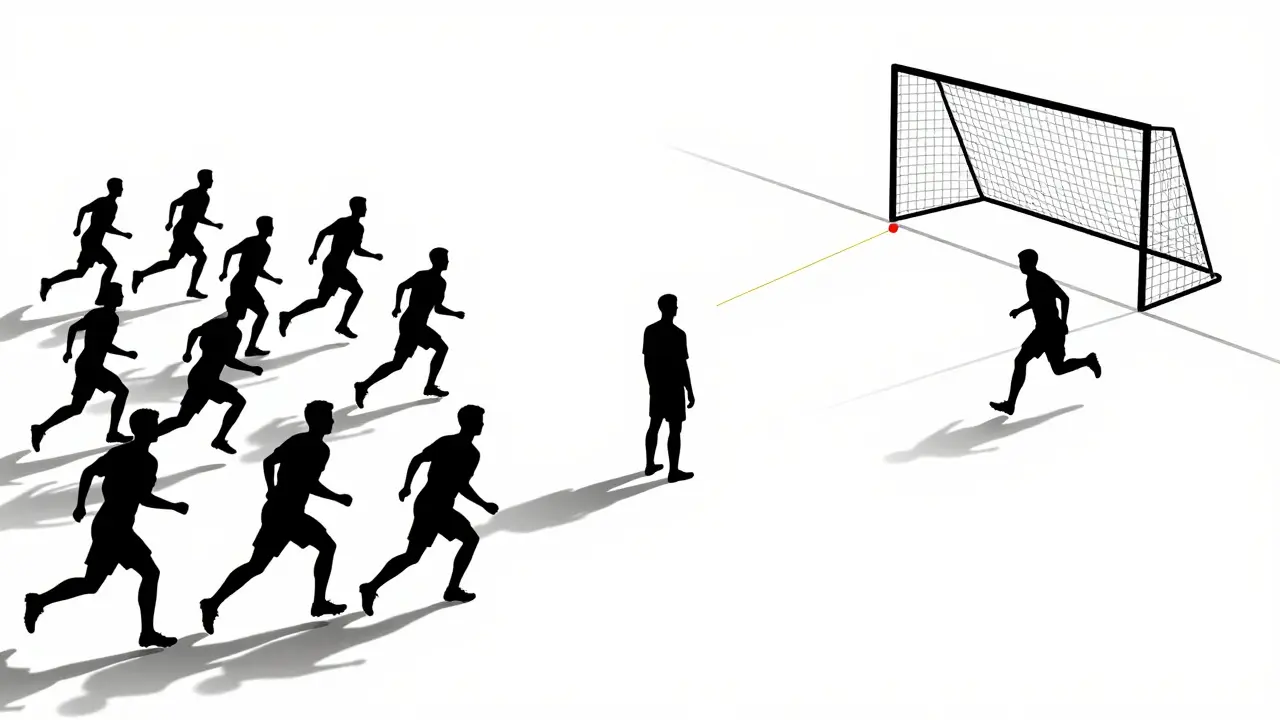 Minimalist silhouette of Bodler standing still while defenders rush past him into empty space.