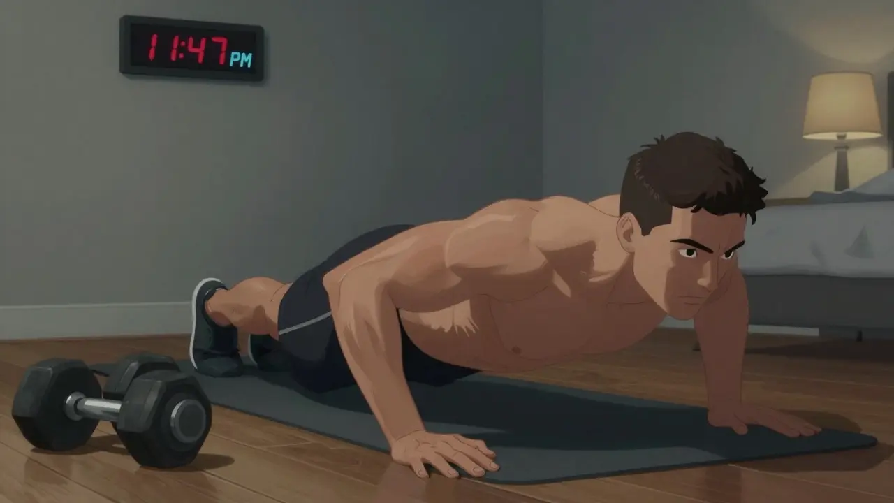 Muž dělá podpory na podlaze s činkami a yoga matem, večerní osvětlení v pozadí.