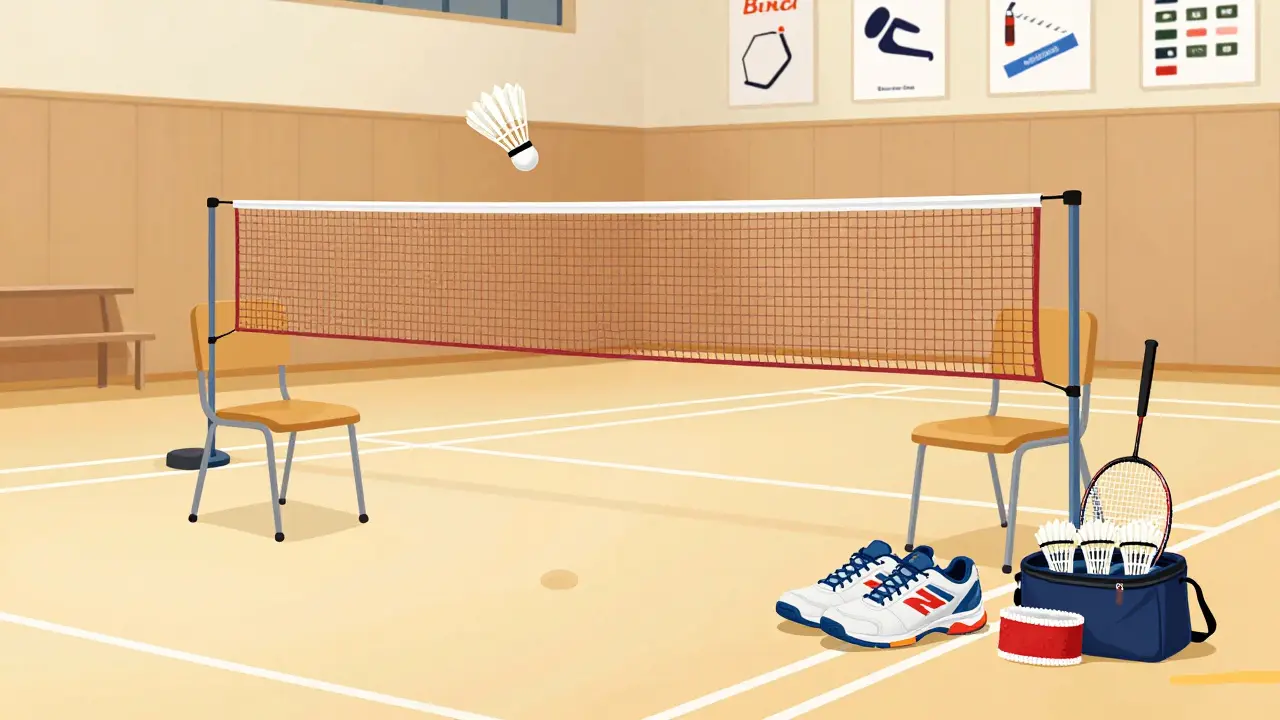 Nastavení badmintonového hřiště v komunitní hale s přenosovou sítí a základní výbavou.