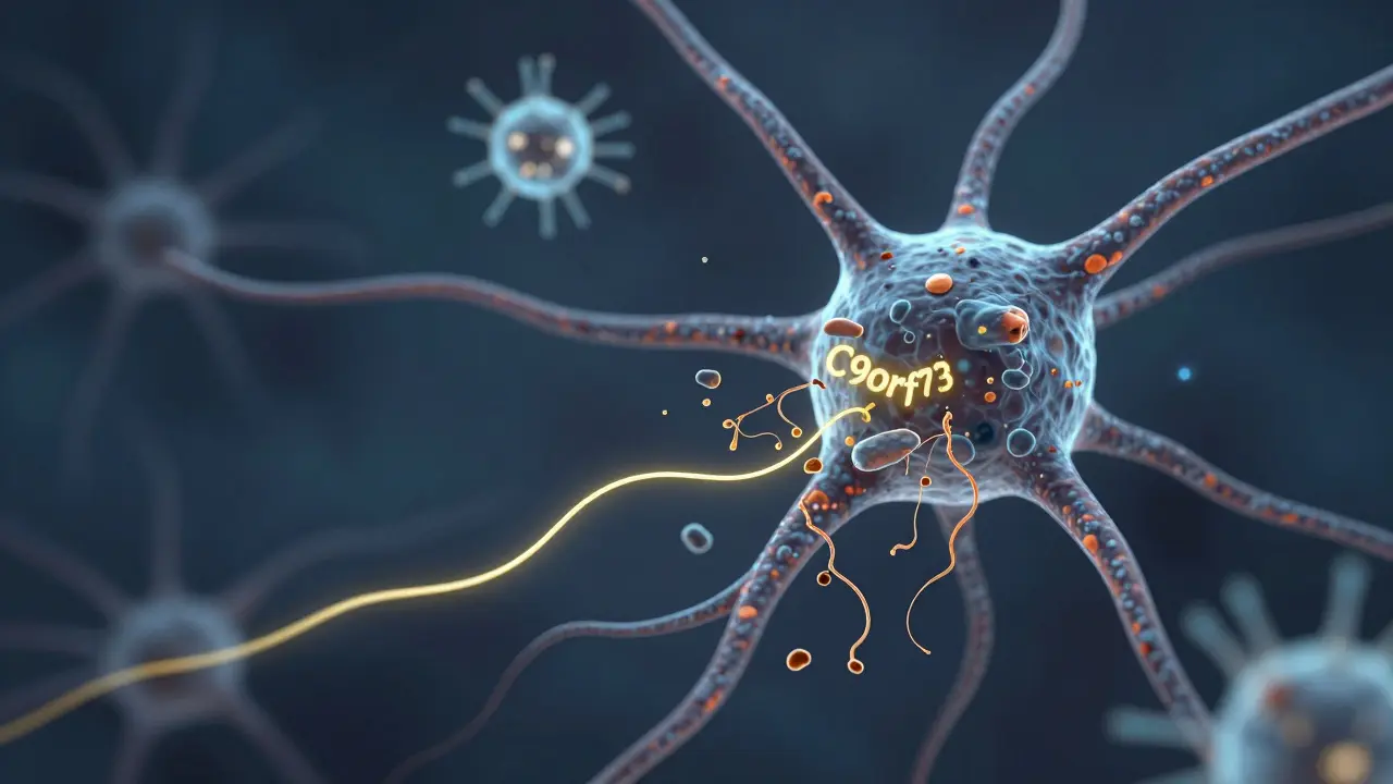 Neuron s hromaděním špatně složených bílkovin a útočícími imunitními buňkami, symbolizující buněčné selhání při ALS.