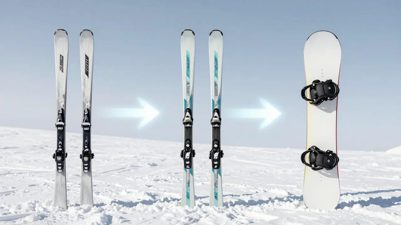 Porovnání vybavení: skialpové lyže oproti alpským lyžím a snowboardu na sněhu.