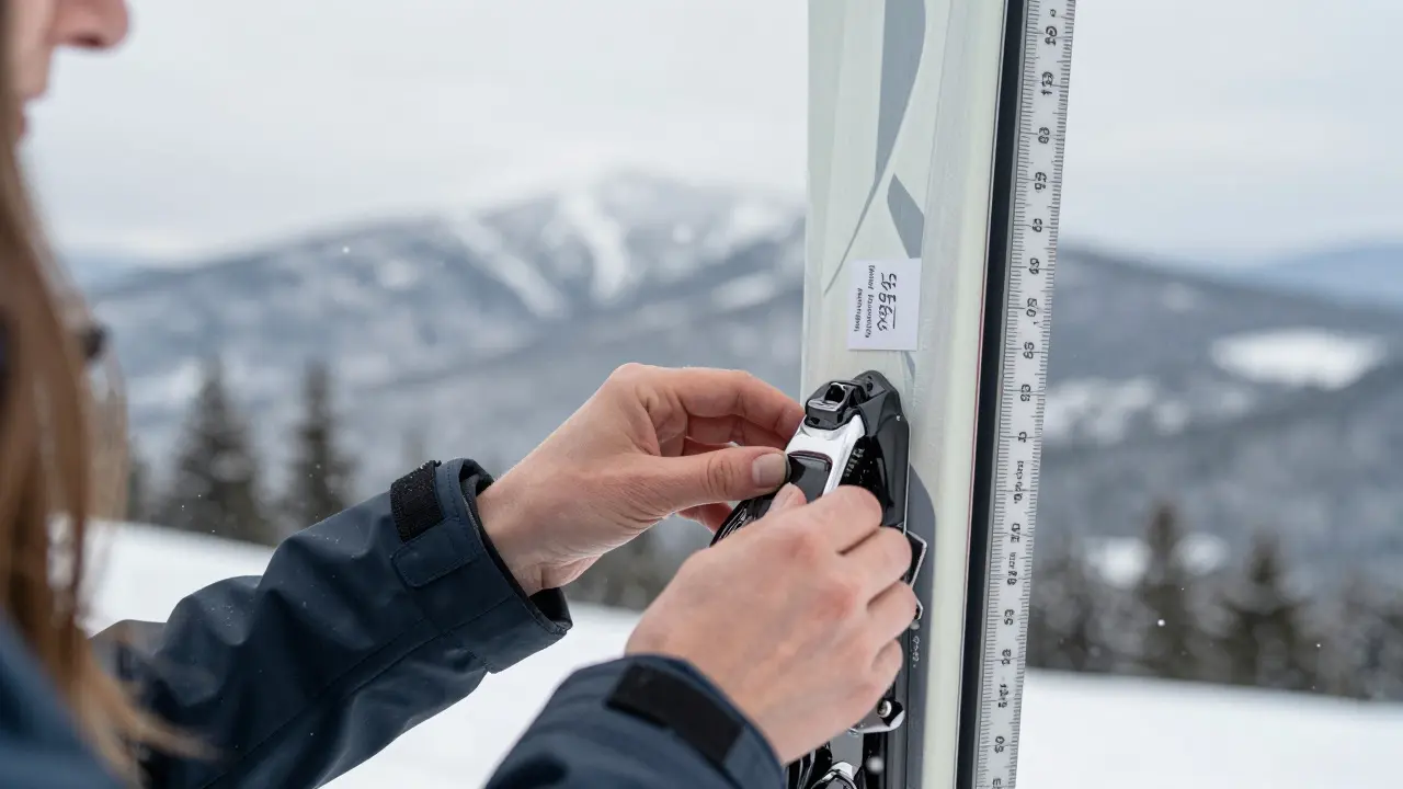Ruce upravují lyžařské fixace na lyžích s mírným rockerem, vedle nich jsou měřítka ukazující délku 150–155 cm.