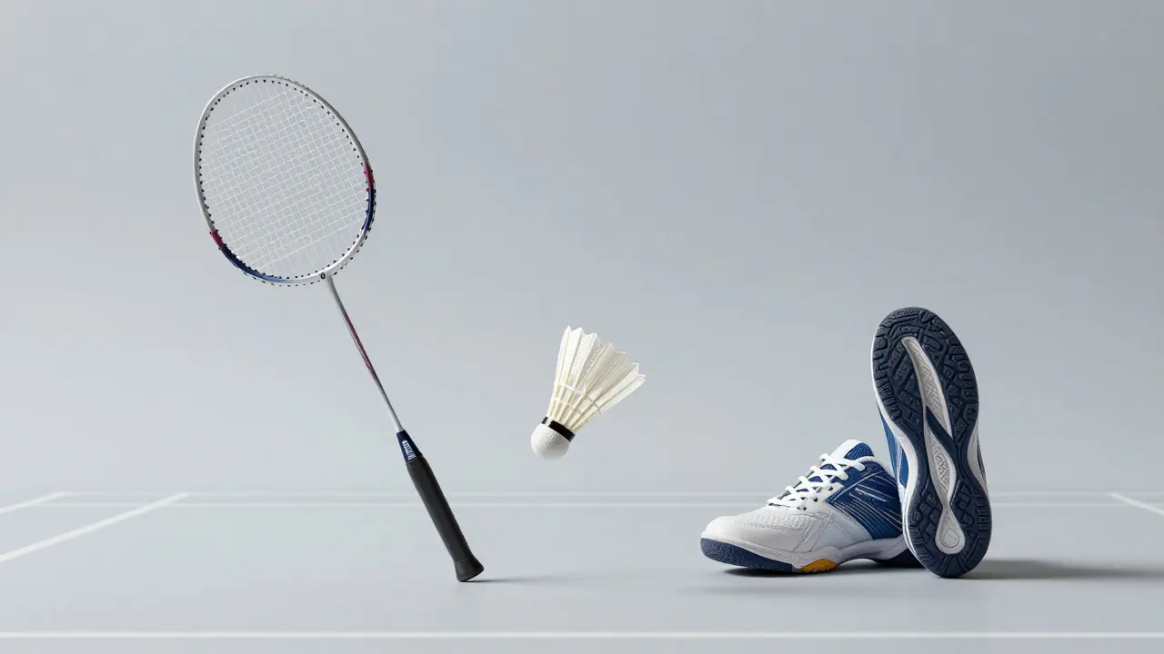 Tři základní předměty pro badminton: raketka, šutle a obuv bez textu nebo popisků.