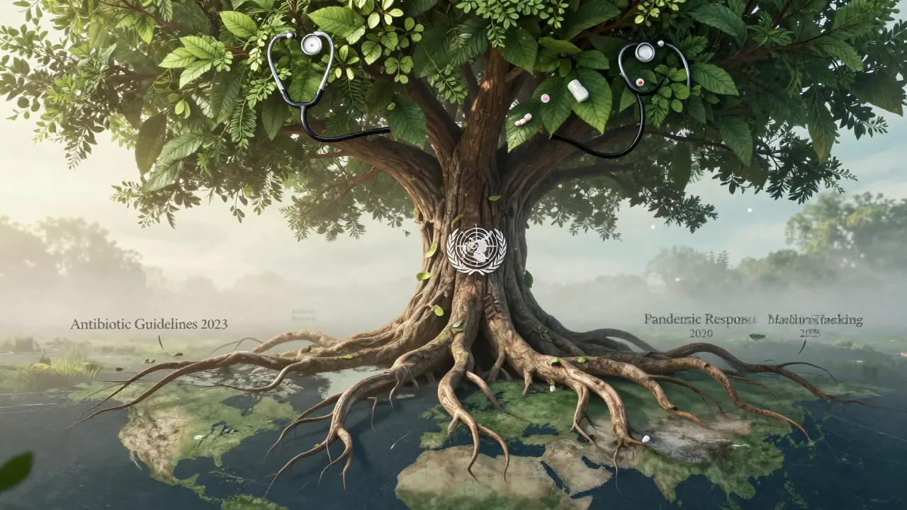 Obrovský strom s kořeny po celém světě, symbolizující globální zdravotní infrastrukturu.
