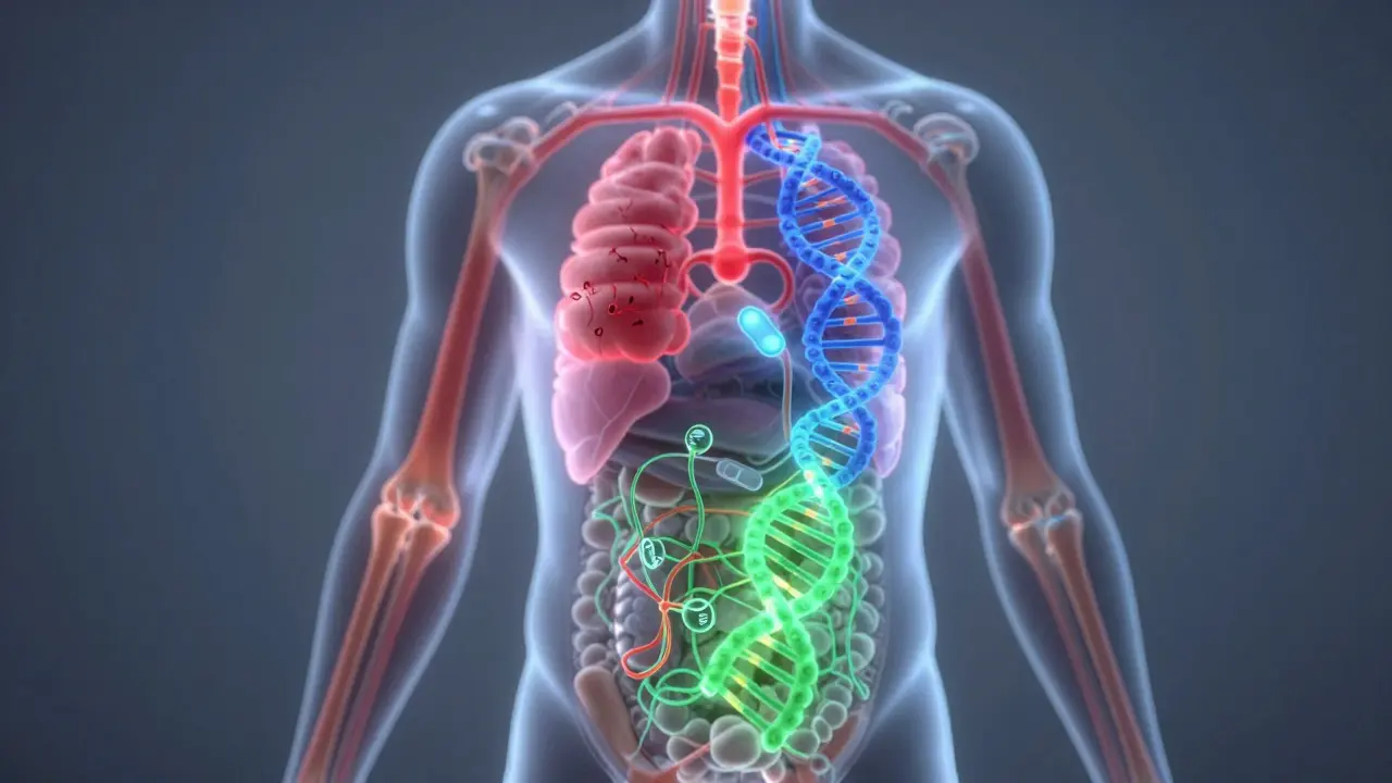 Průhledné tělo s třemi barevně odlišenými systémy: autoimunitní, genetický a metabolický.