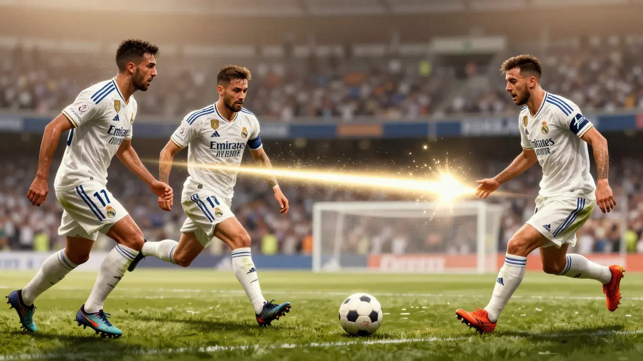 Real Madrid players making a comeback in the final minutes of a football match, focused and determined.