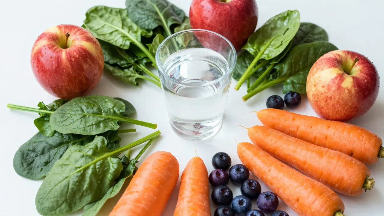 Různobarevná čerstvá zelenina a ovoce symbolizující vitamíny a minerály.