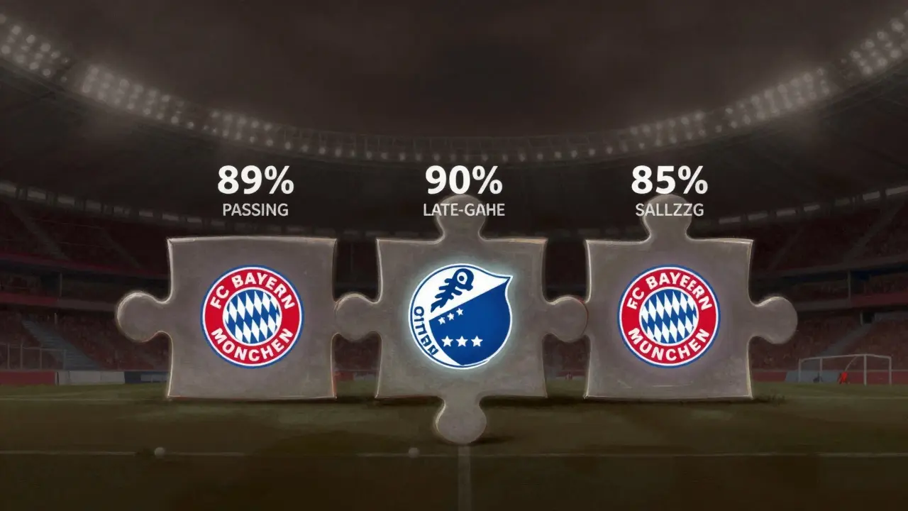 Three football teams represented as interconnected puzzle pieces with statistical glowing elements.