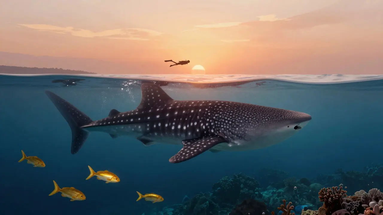 Velryba se přibližuje k hladině u Marsa Alam, kolem ní zlaté ryby a korálové zahrady.