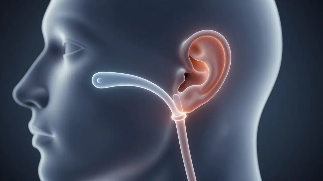 Anatomické schéma středního ucha a Eustachovy trubice znázornující proudění vzduchu.
