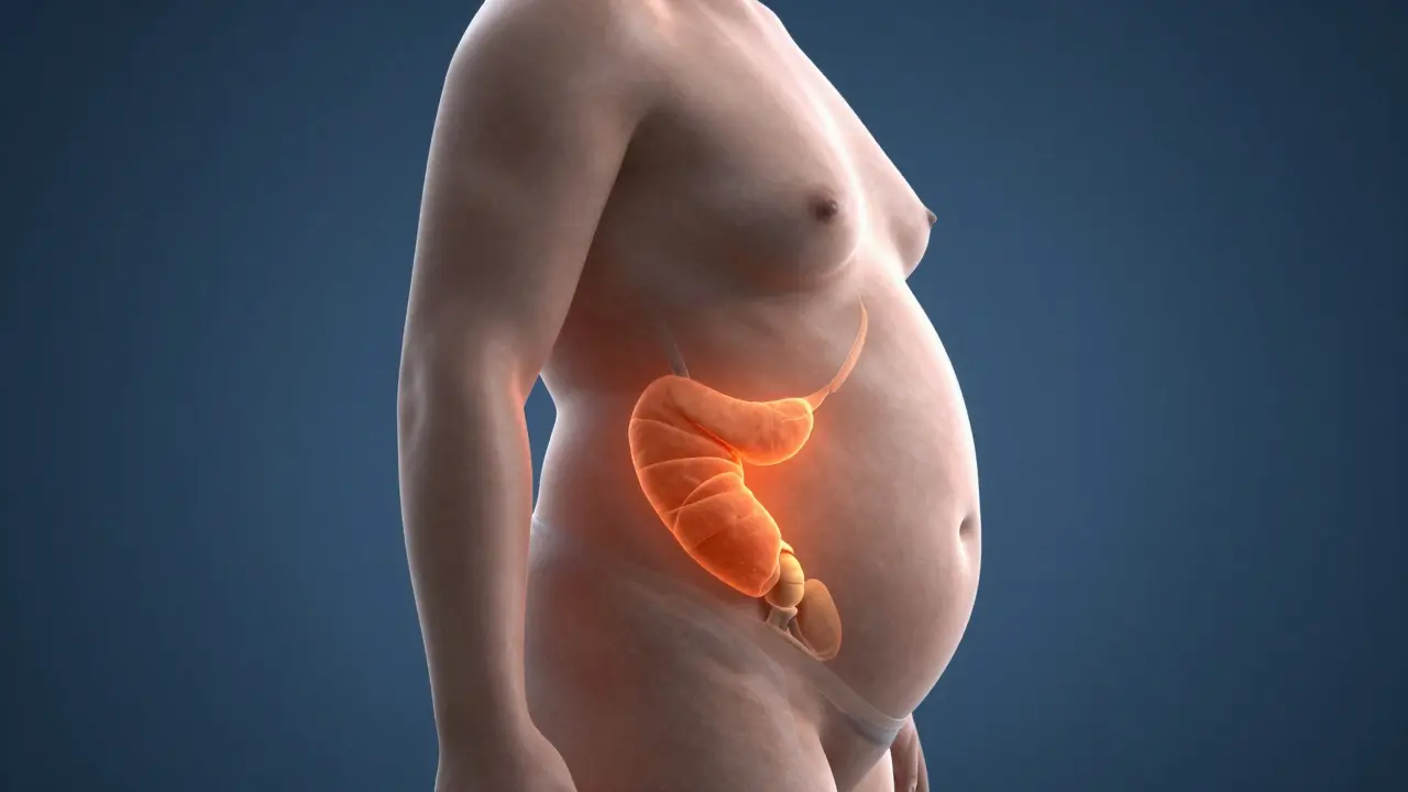 Anatomický nákres znázornující rozdíl mezi podkožním a viscerálním tukem v břiše.
