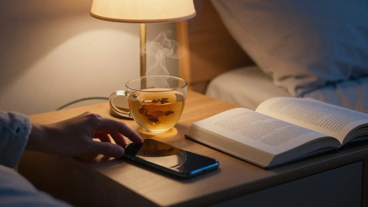 Kniha a šálek čaje u postele jako symbol digitálního detoxu a klidu.
