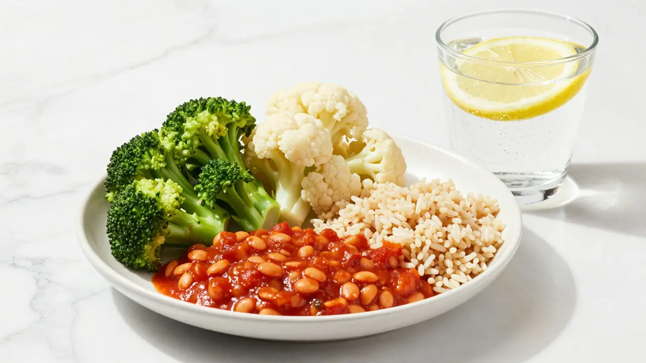 Vegetariánský zdravý talíř s brokolicí, květákem, červenou čočkou a hnědou rýží.