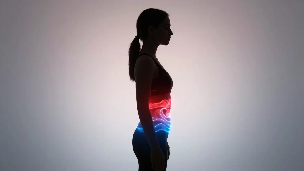 Abstraktní zobrazení vlivu stresu a hormonů na ukládání tuku do pasu.