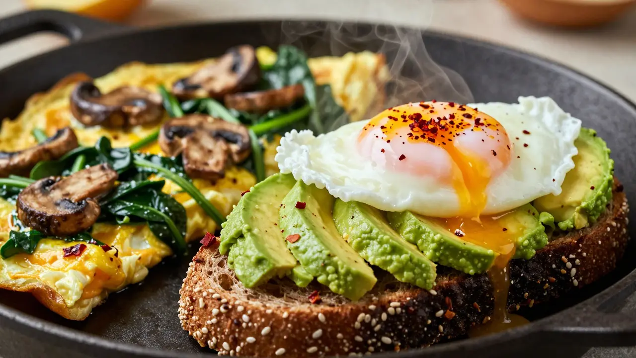 Avokádový toast s vejcem a zeleninová omleta jako zdroj energie