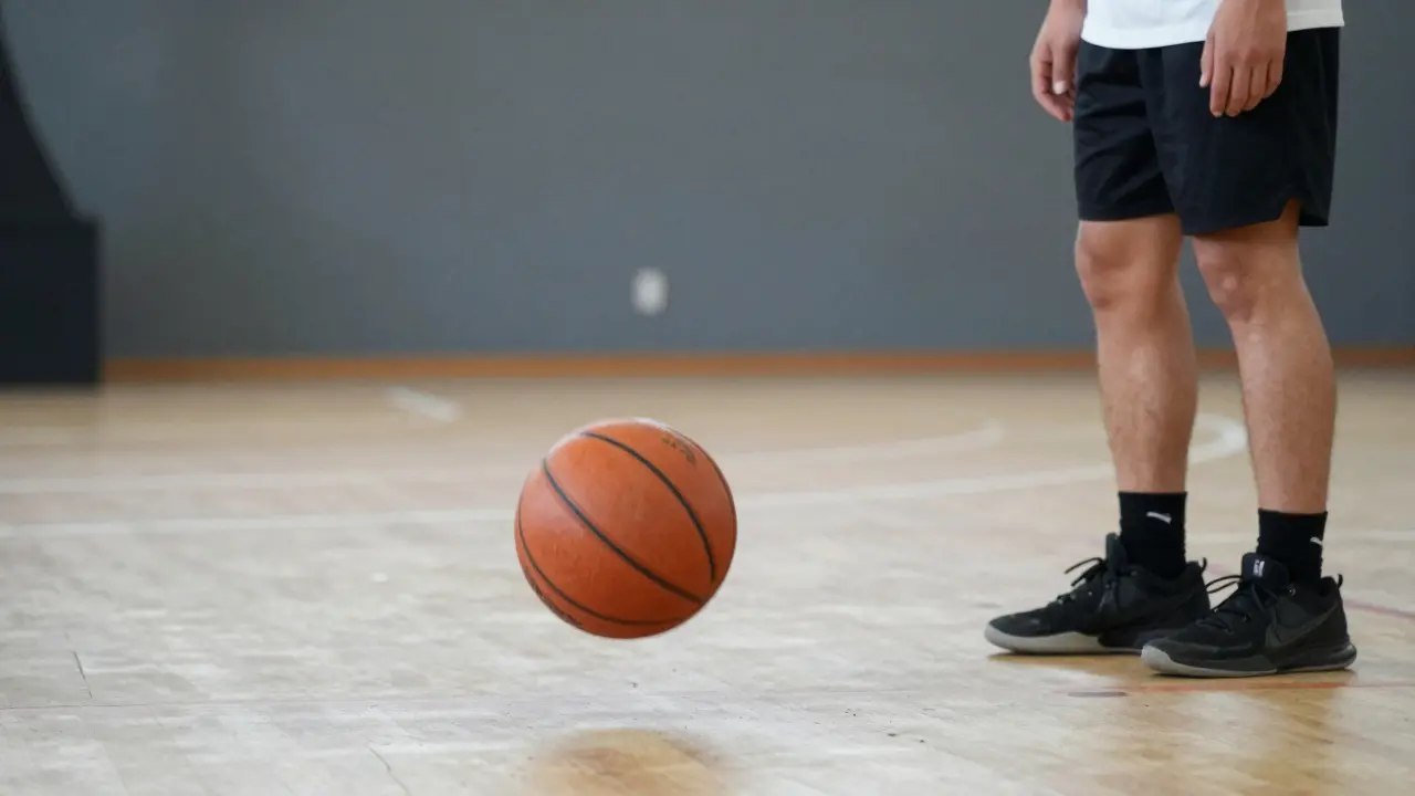 Basketbal se odrazí od země při testu výšky pro kontrolu tlaku