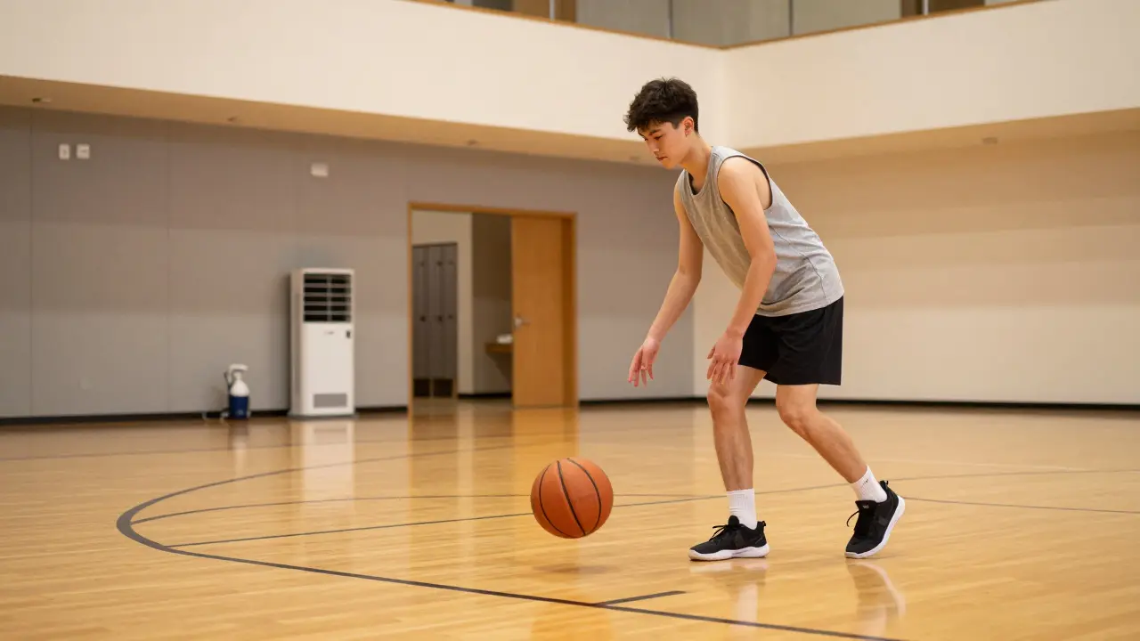 Basketbalista s nafouknutým míčem v tělocvičně před hrou