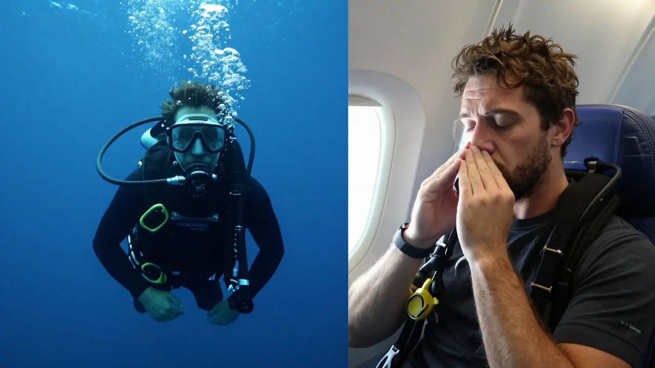 Potápěč pod vodou a cestující vyrovnávající tlak