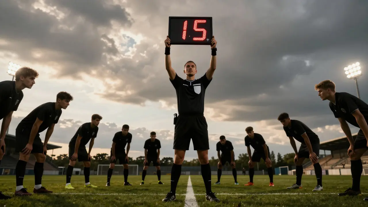 Rozhodčí signalizuje začátek prodloužení deseti minutovým tabulkem