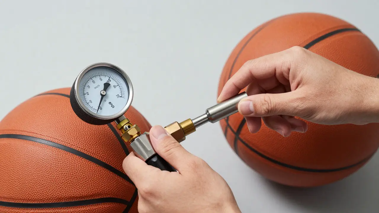 Ruce s pumpou a manometrem připravují nafouknutí basketbalového míče