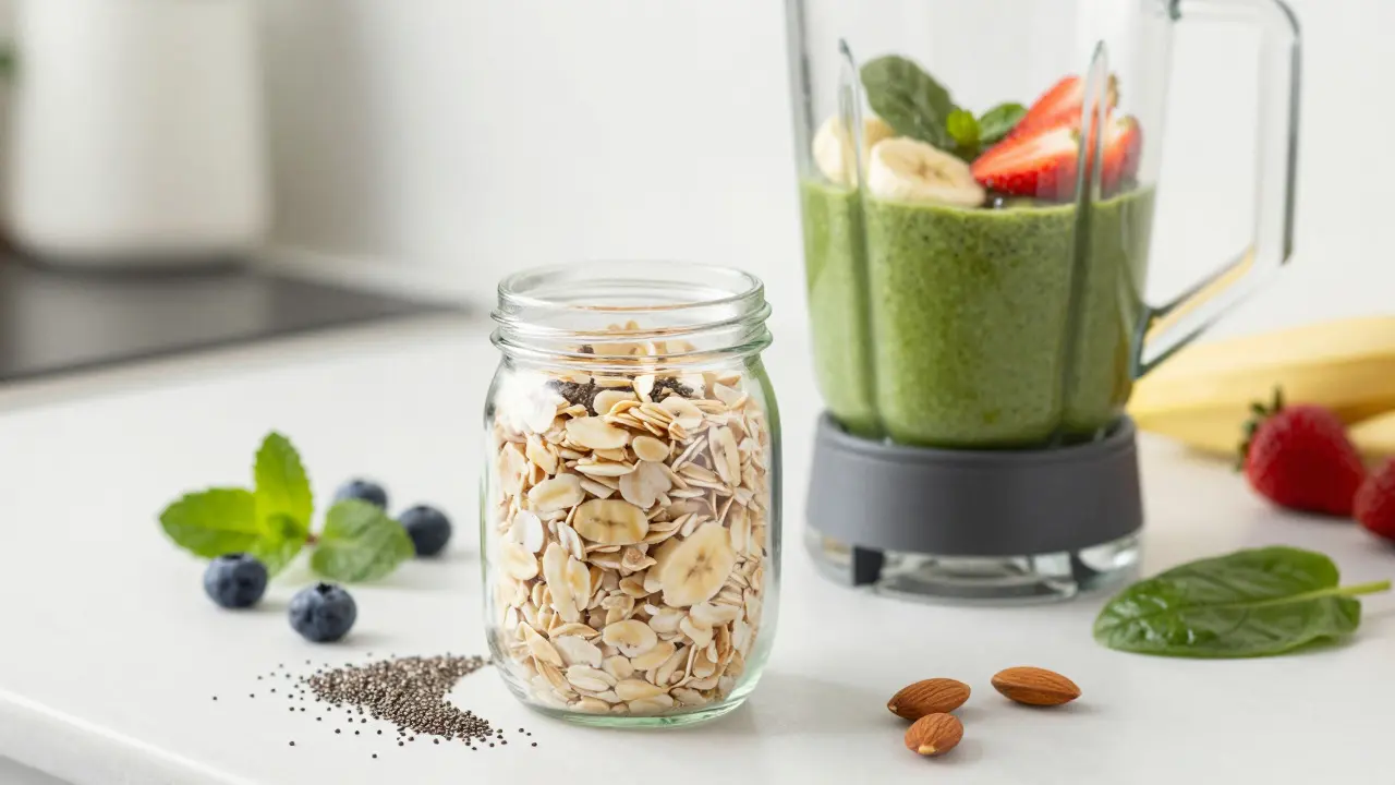 Sklenice přesných vloček a zelený smoothie na kuchyňském pultu