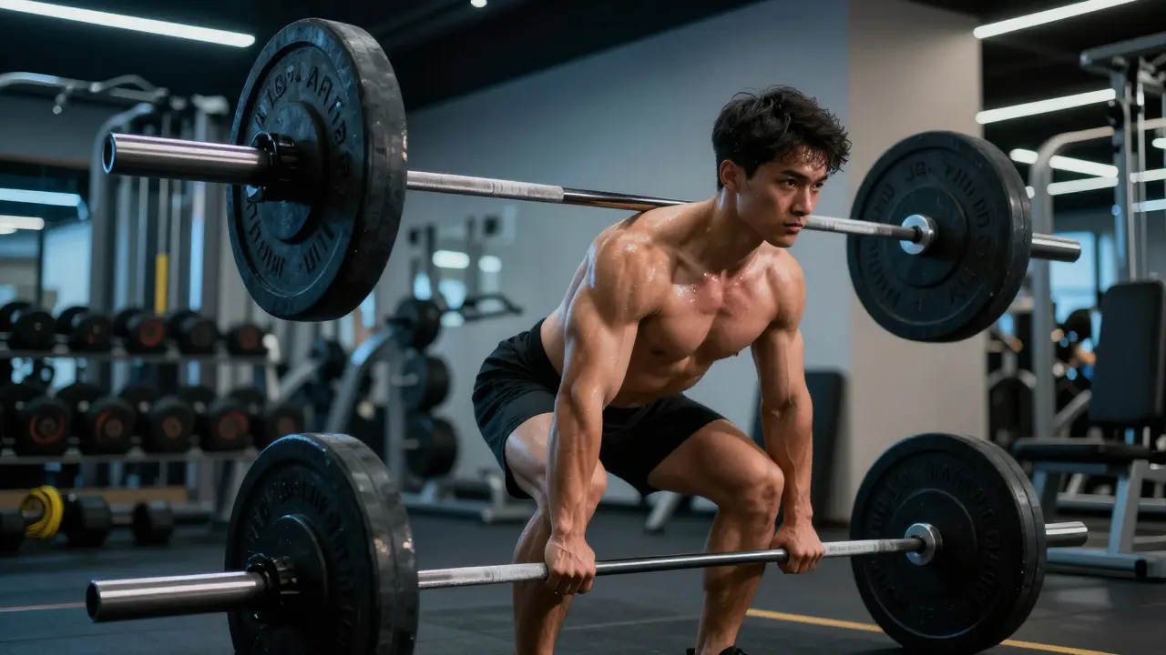 Sportovec provádí cvik mrtvý tah s činkou ve fitcentru