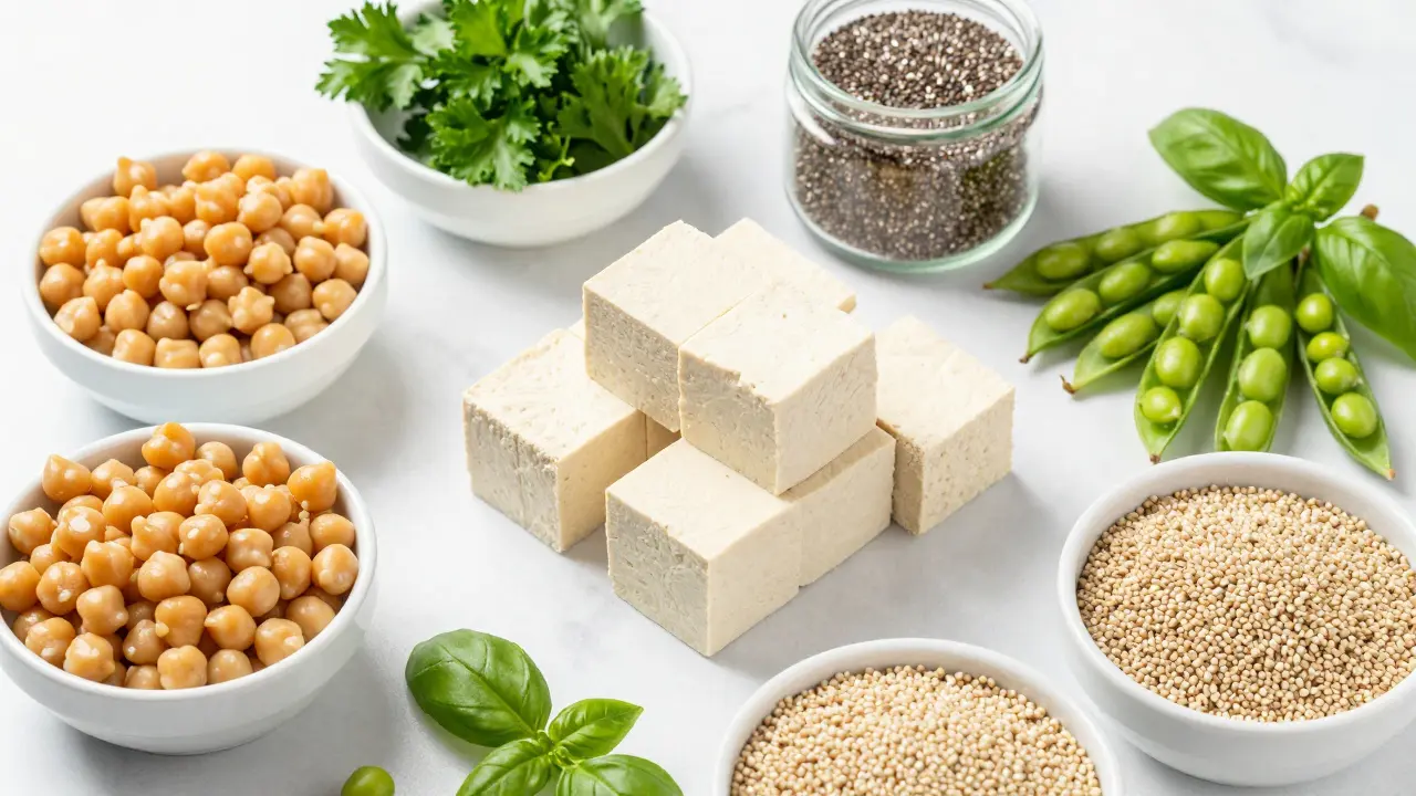 Tofu, tempeh, cizrna a semínka uspořádané na mramorové desce