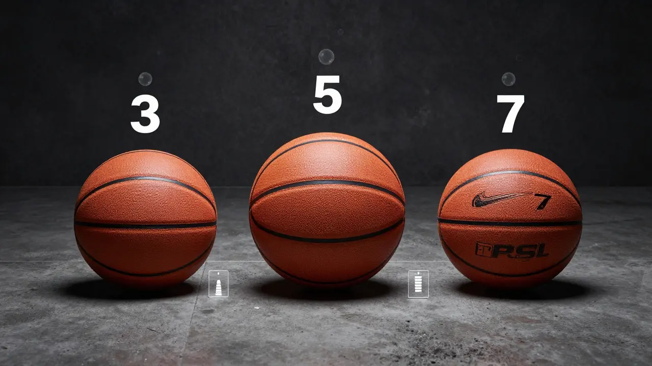 Tři různé velikosti basketbalových míčů na tmavém pozadí