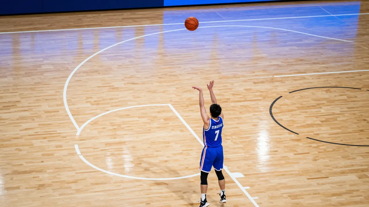 Basketbalista střílí trojkový hod z za čáry na parketu