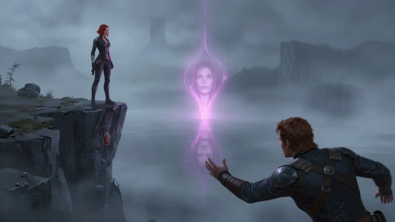 Natasha Romanoff jako Černá vdova se obětuje na útesu na planetě Vormir