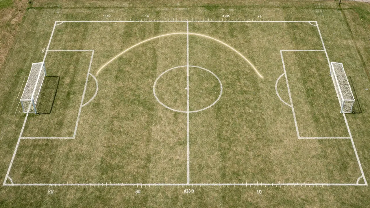 Výhled shora na geometrii penaltového území a rozměry hřiště
