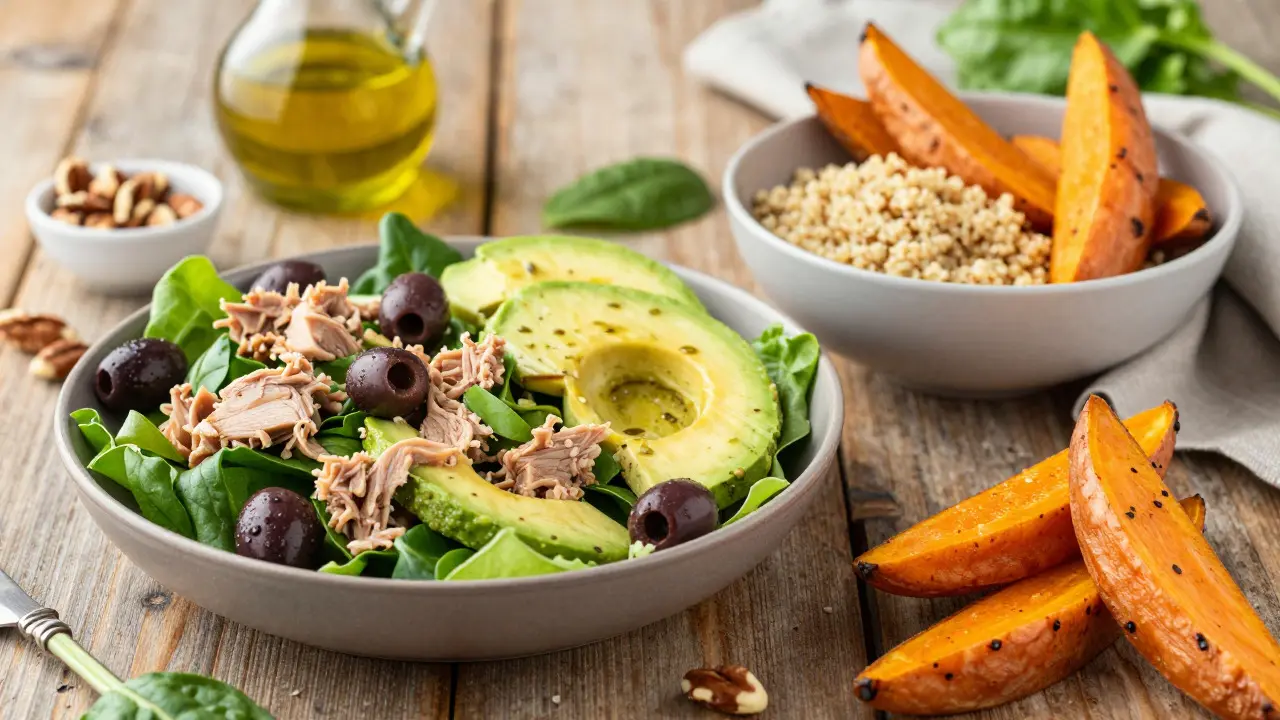 Čerstvá zdravá jídla jako salát a quinoa na dřevěném stole