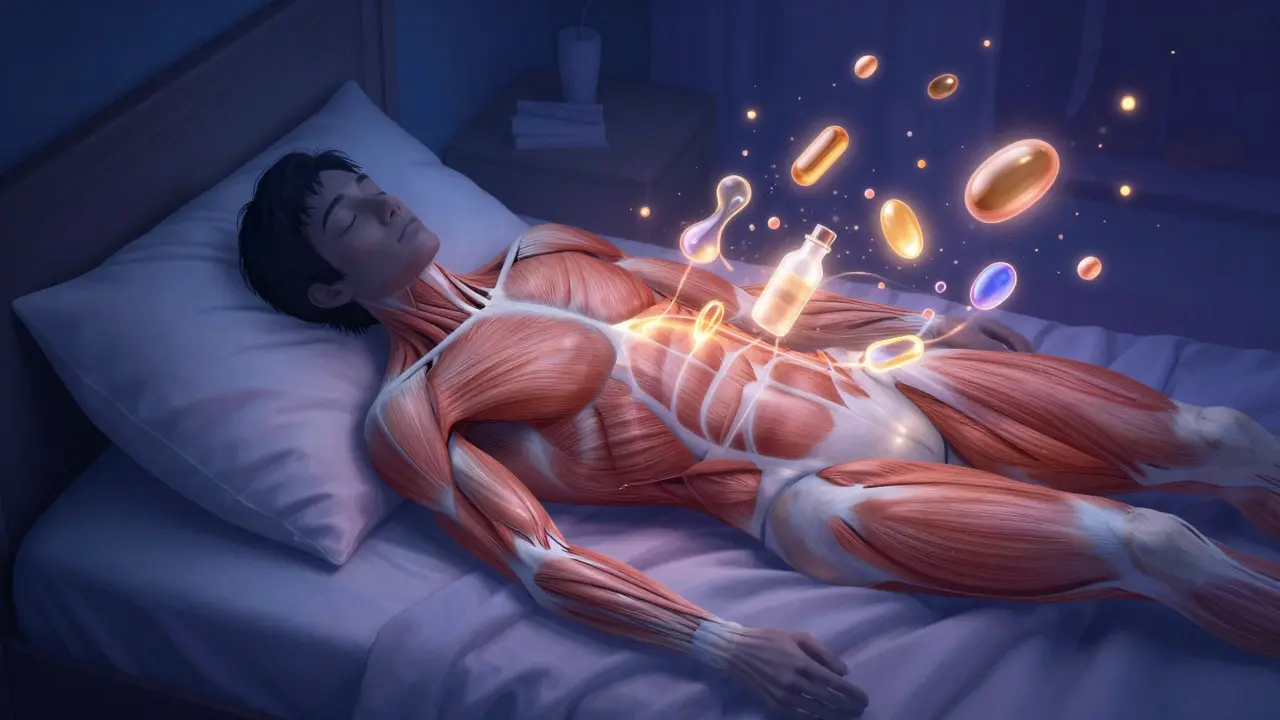 Ilustrace regenerace svalů během spánku s živinami